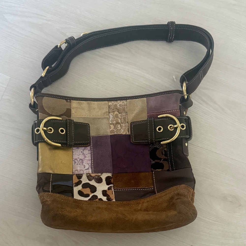 Patchwork Leather & Suede Shoulder Bag in Brown Multi